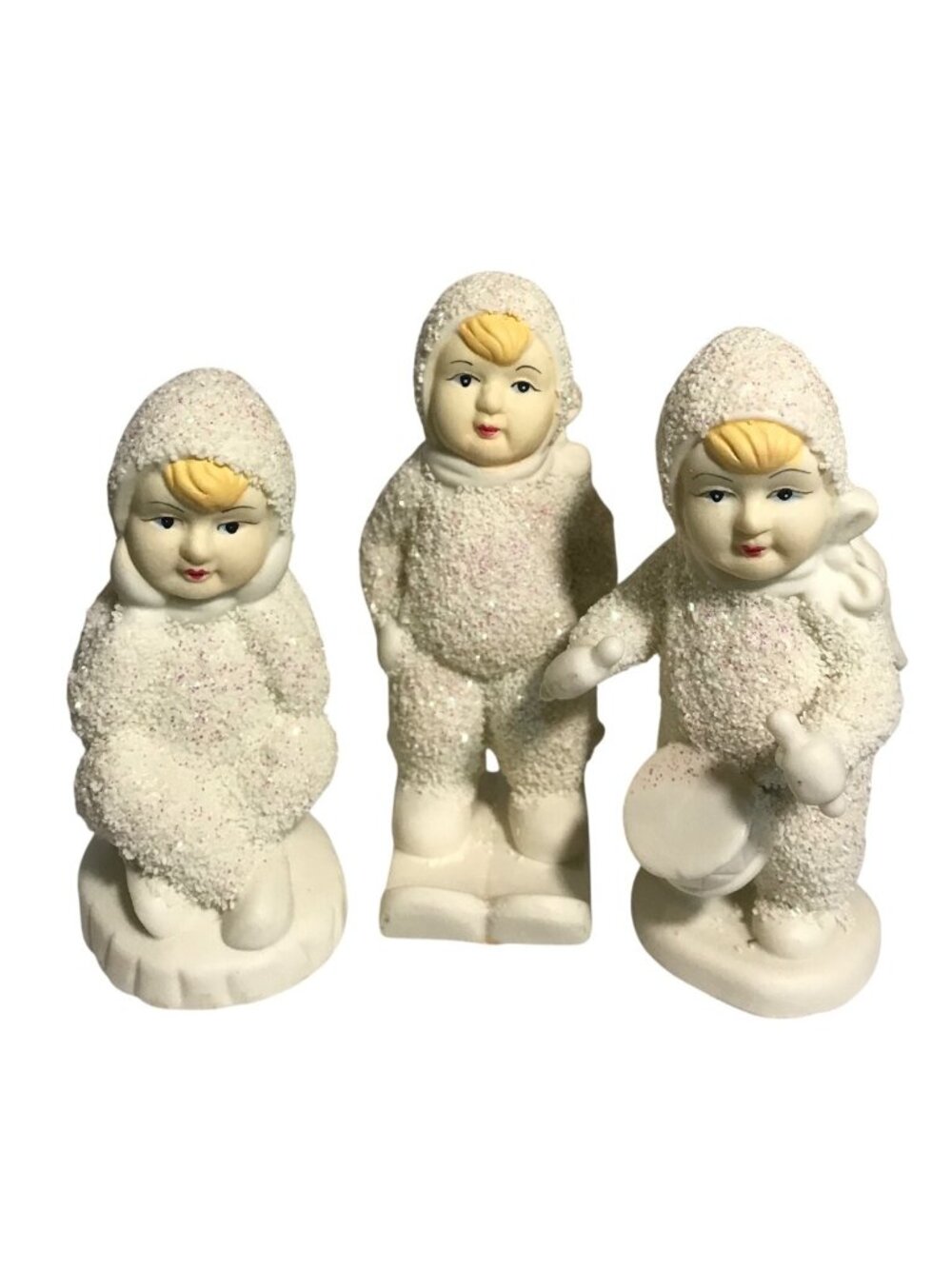 3 Vintage Porcelain Snow Angels Trio Figurines Set Glittery Paint 4" Set of 3